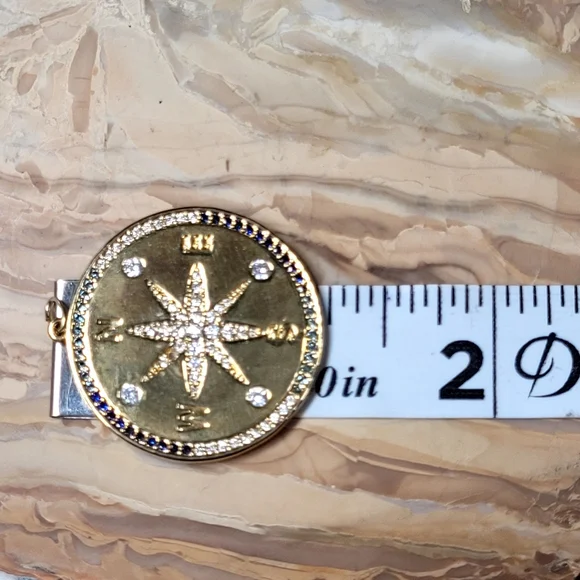 Gold Compass Pendant with Blue/Tourquise and White Accents - Picture 5 of 5